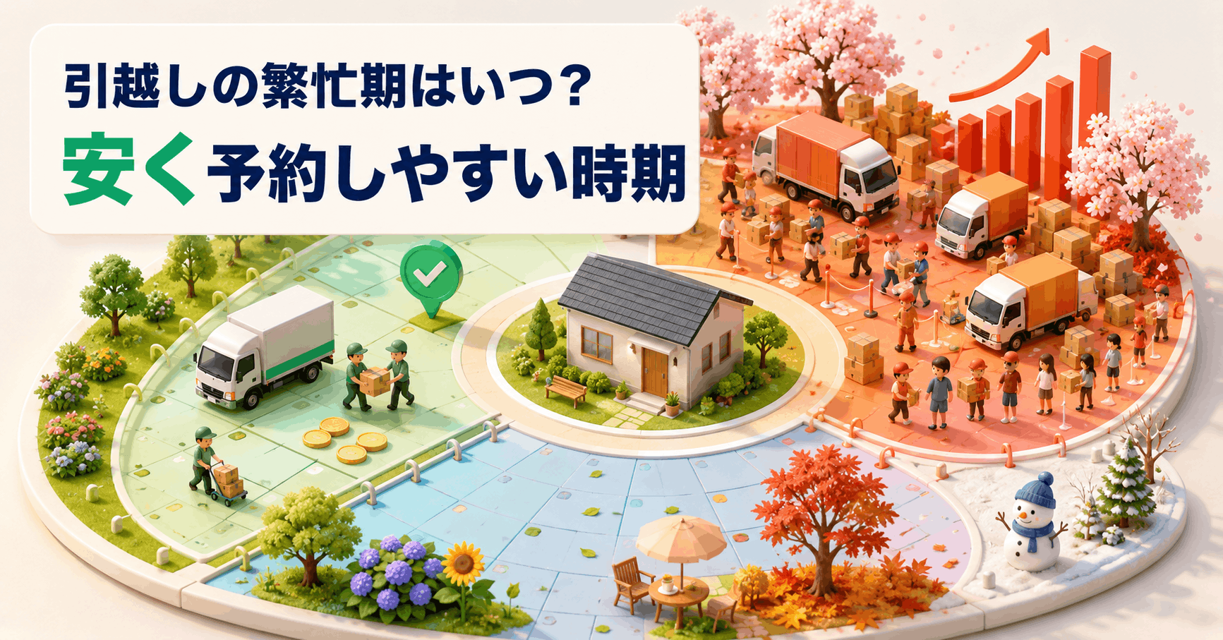 引越し用の箱とカレンダーを組み合わせて繁忙期と時期選びを表したアイキャッチ