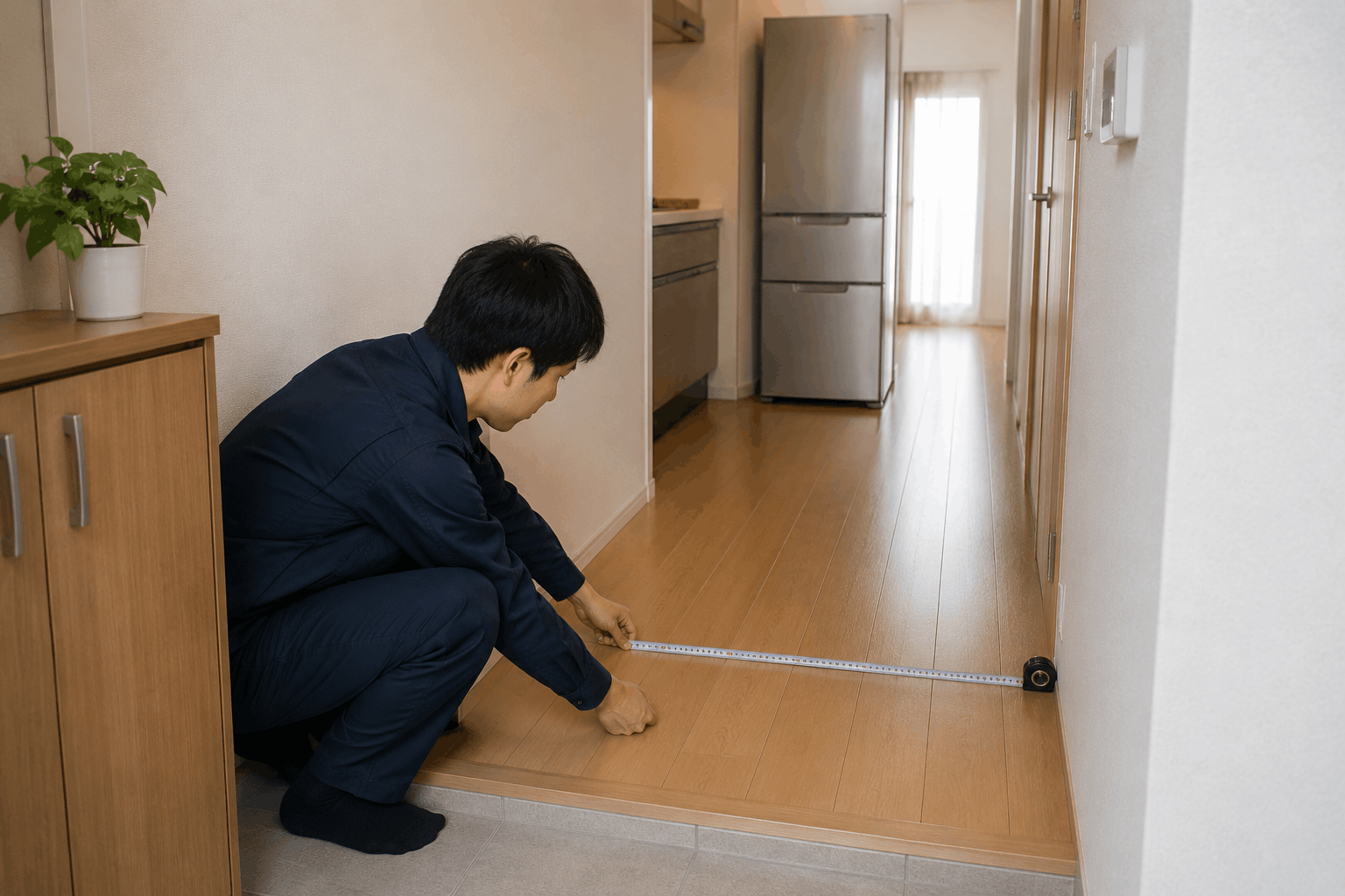 冷蔵庫と大型家具を運ぶ前に玄関の幅をメジャーで測る様子