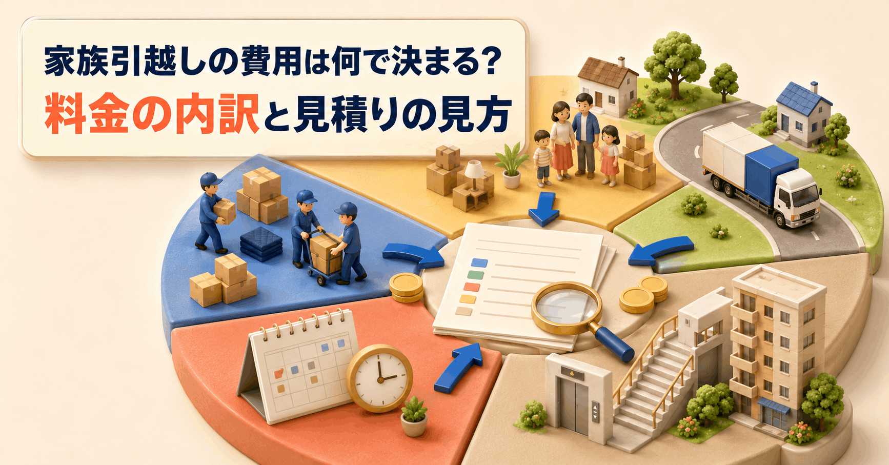 家族引越しの費用を見積書の内訳から考える家族を描いたアイキャッチ