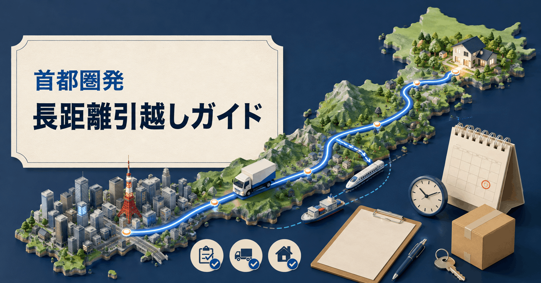 首都圏から遠方へ向かう引越しトラックと荷物の移動経路を表した長距離引越しガイドのアイキャッチ