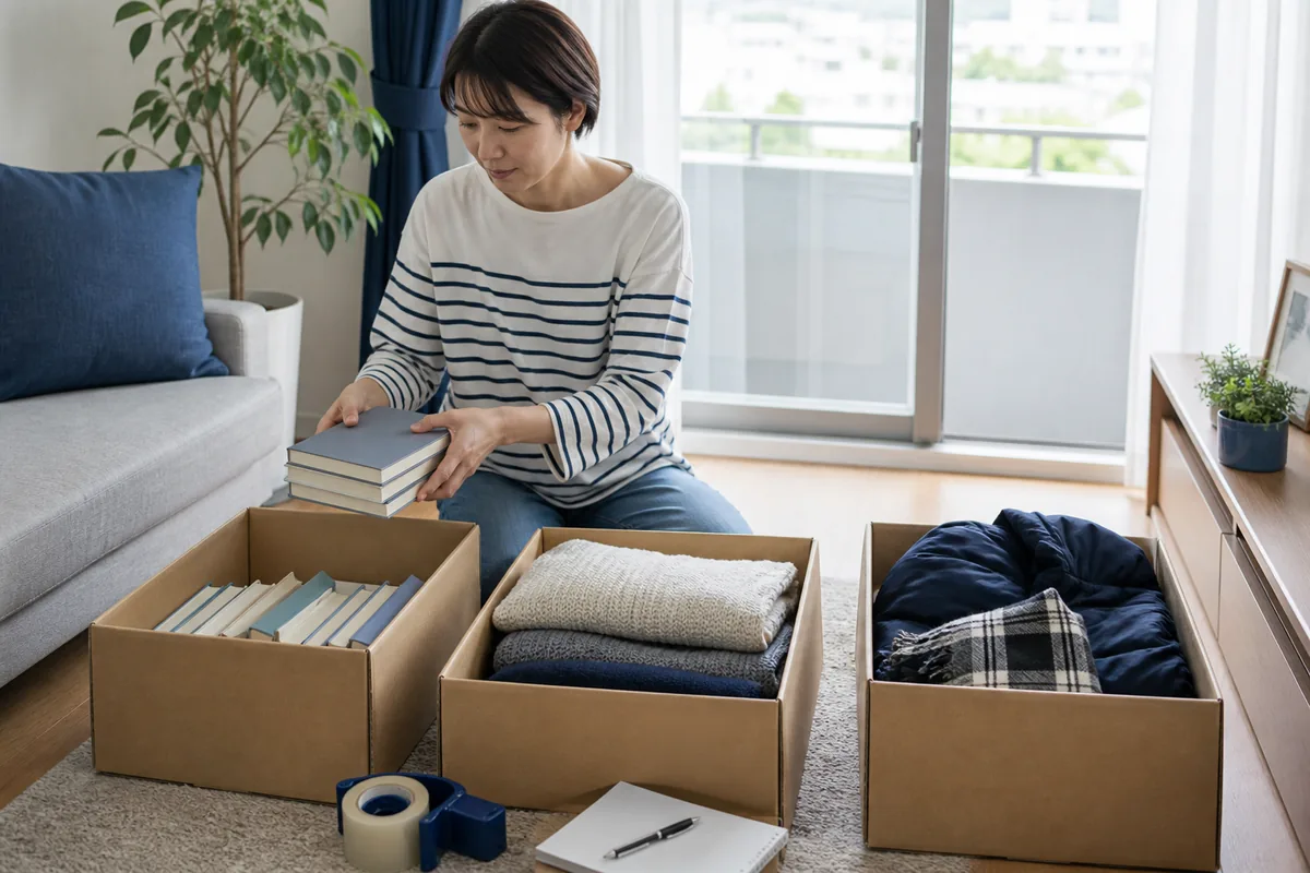 使用頻度の低い物から引越し用ダンボールへ整理して梱包する準備風景