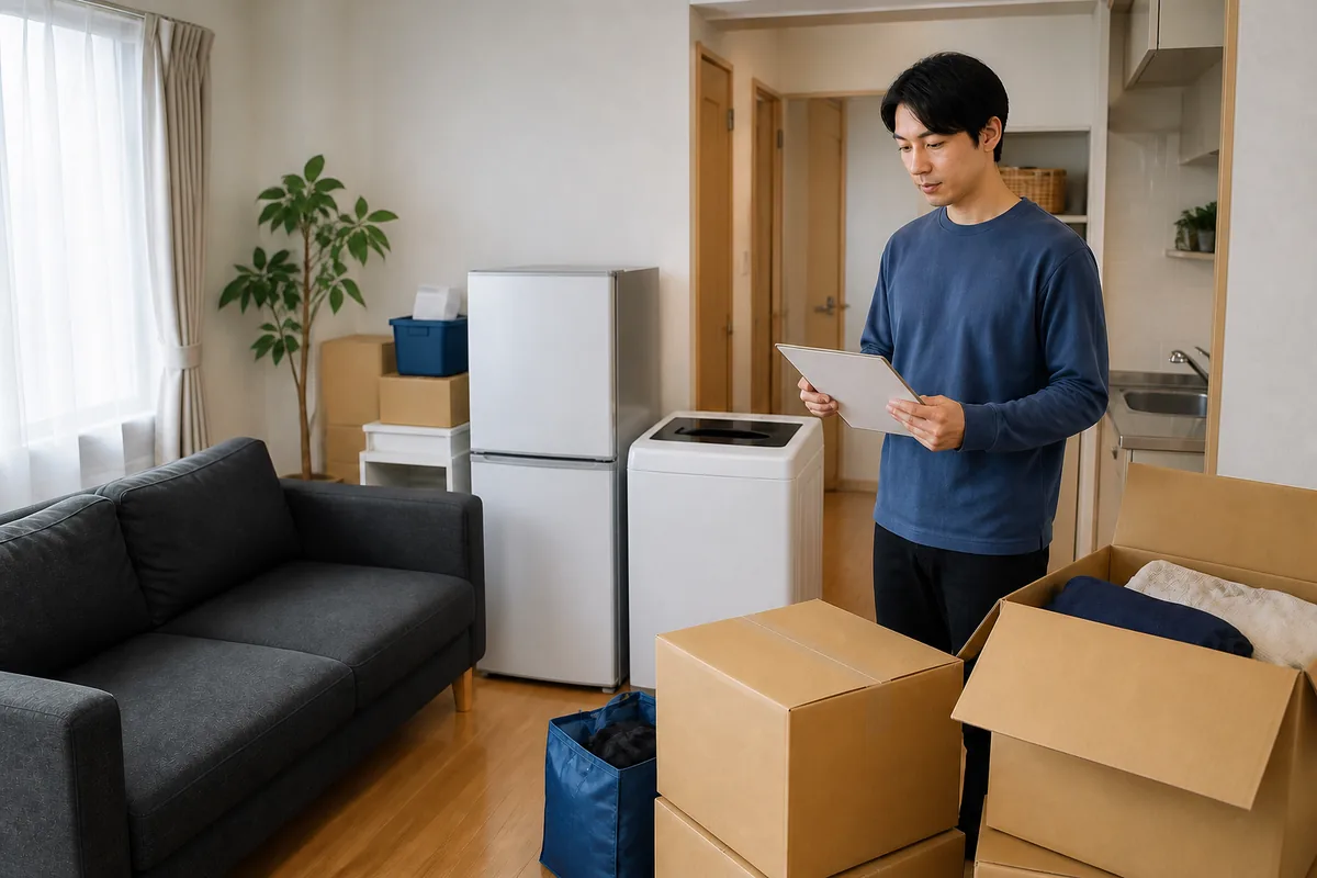 引越し前に家具と家電を仕分けて処分計画を立てる様子