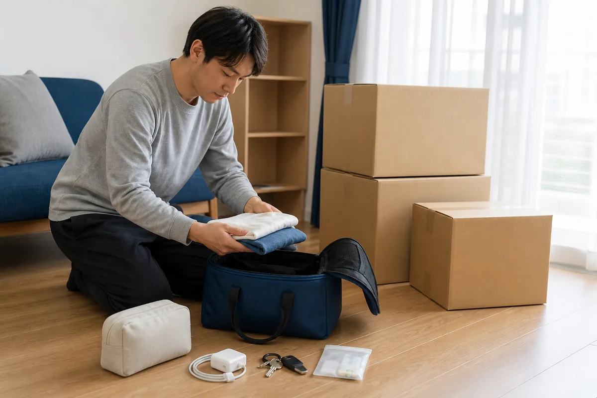 長距離引越しで手元に残す着替えや薬、充電器を旅行バッグへ分ける準備風景