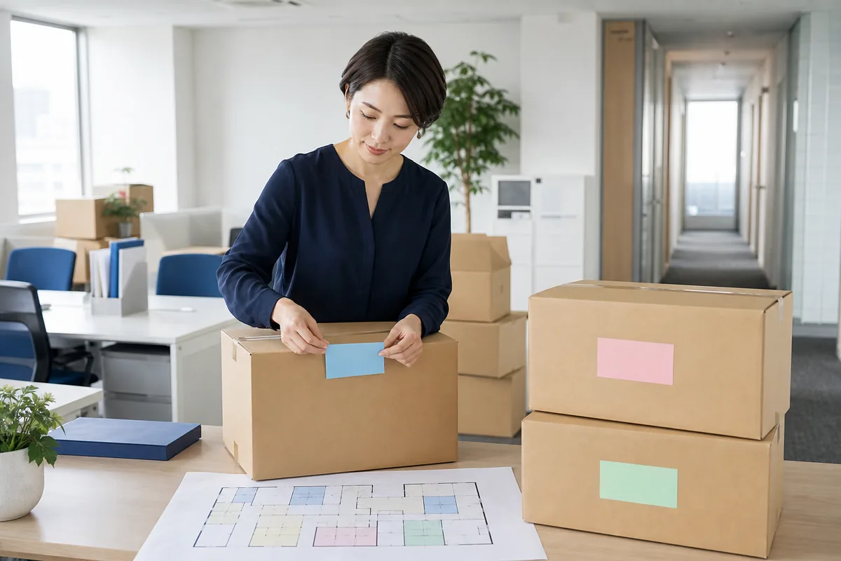 新オフィスの搬入先を確認しながら箱へラベルを付ける担当者