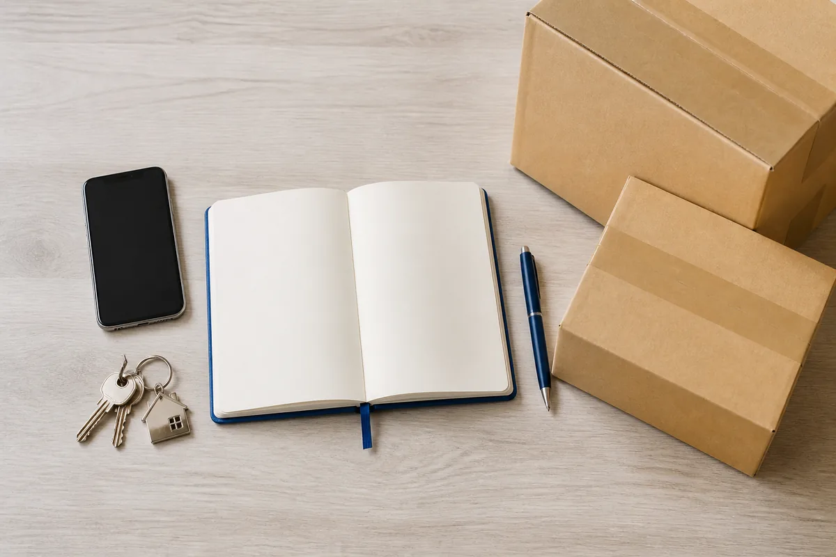 スマートフォンと鍵、住所メモ、引越し荷物をまとめた連絡前の準備イメージ