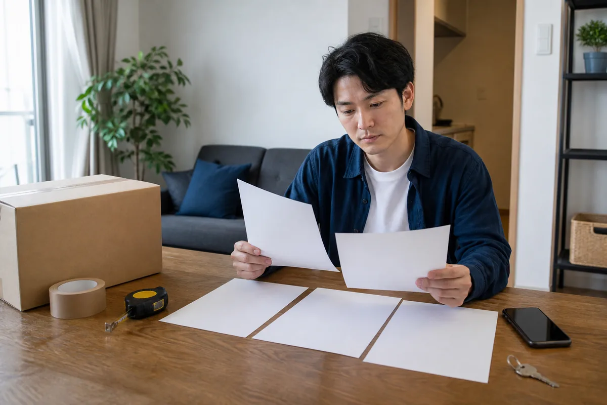 東京の部屋で引越しの見積書と荷物条件を整理する単身者